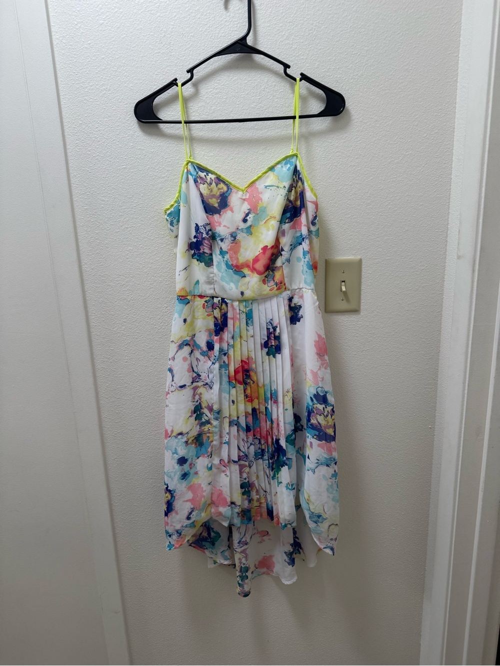 Maurices White Floral Watercolor High-Low Dress with Neon Trim